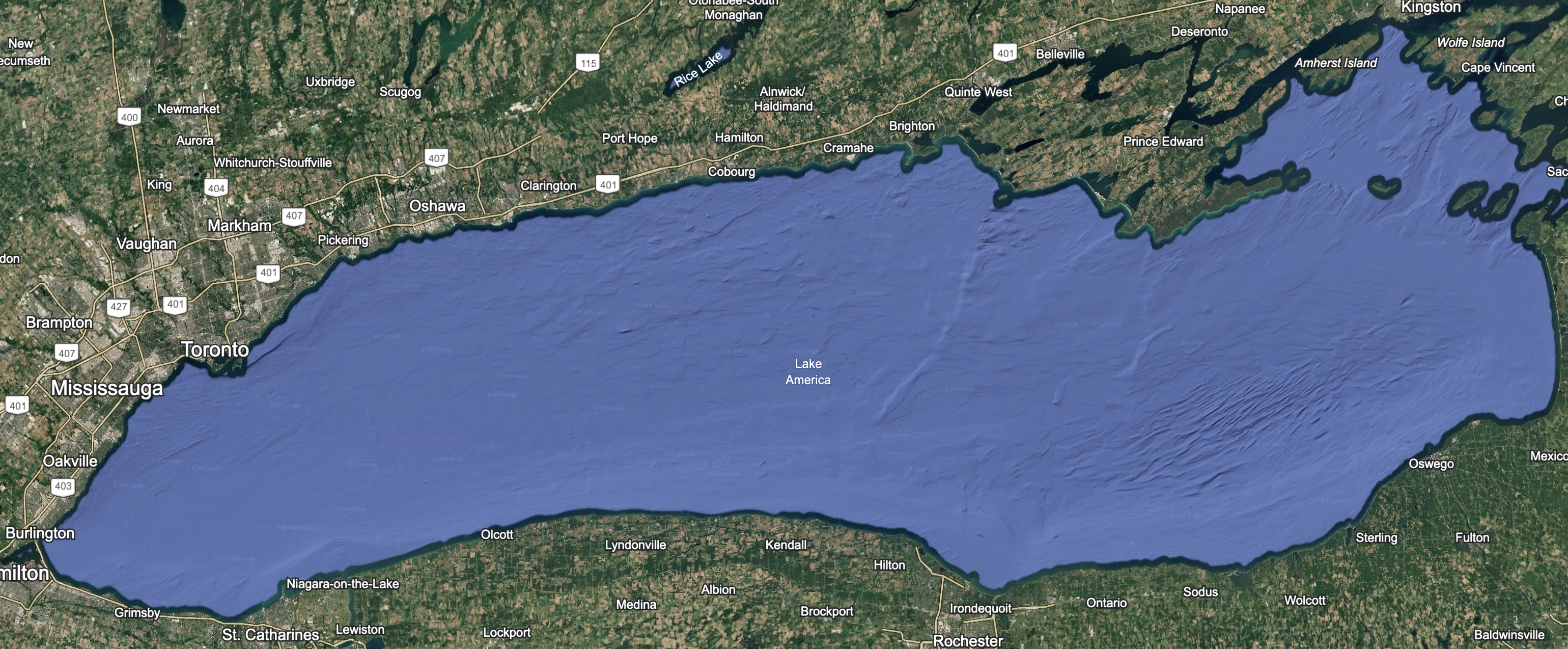 Google Earth screenshot showing Lake Ontario labeled as Lake America